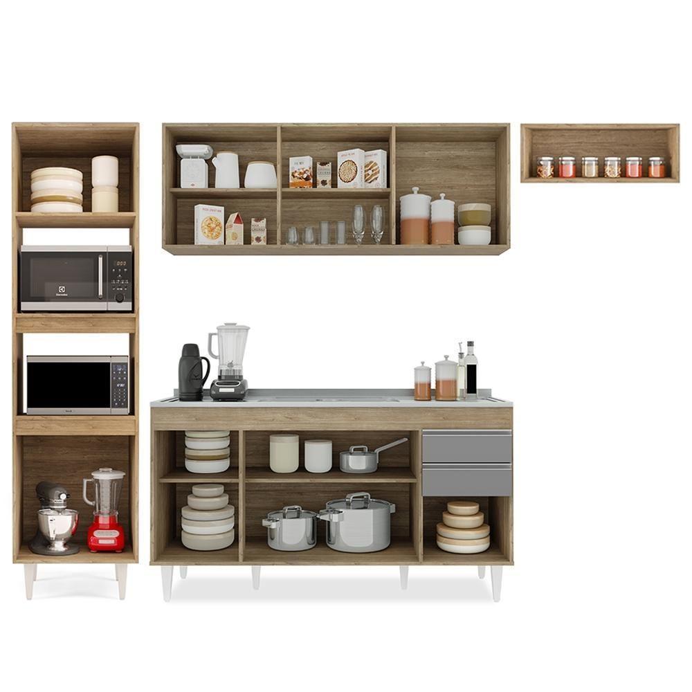 Armário De Cozinha Modulada 4 Peças Cp12 Balcão Com Pia Inox Castanho/cinza - Lumil - 5