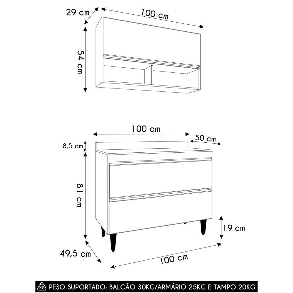 Armário De Cozinha Com Nichos Cp01 Com Tampo 100cm M24 Branco - Mpozenato - 4