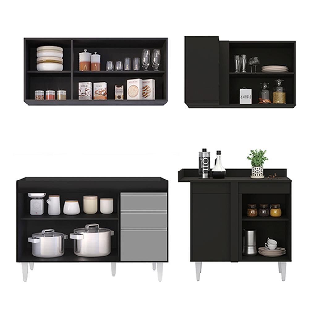 Armário De Cozinha Modulado De Canto Esquerdo 4 Peças Cp46 Balcão Sem Tampo Preto/cinza - Lumil - 6