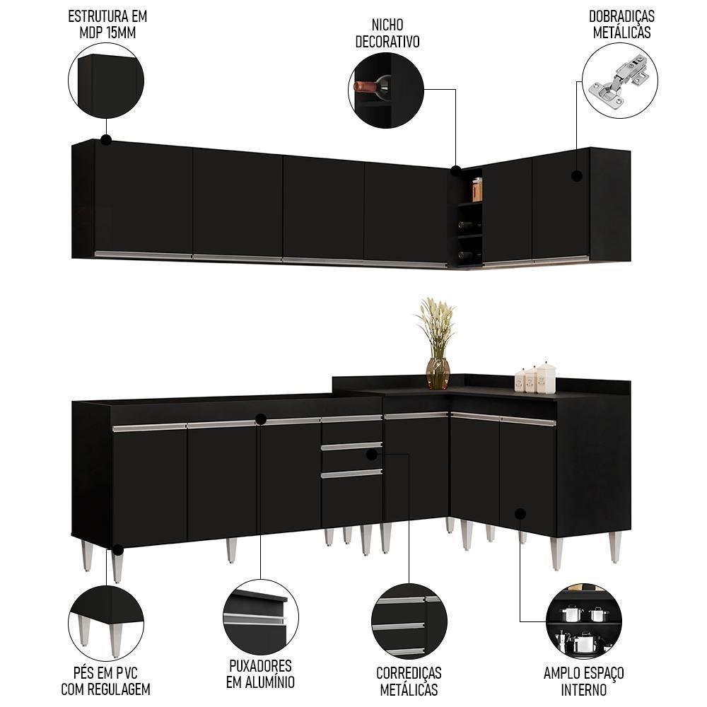 Armário De Cozinha Modulado De Canto 6 Peças Cp31 Balcão Sem Tampo Preto - Lumil - 3