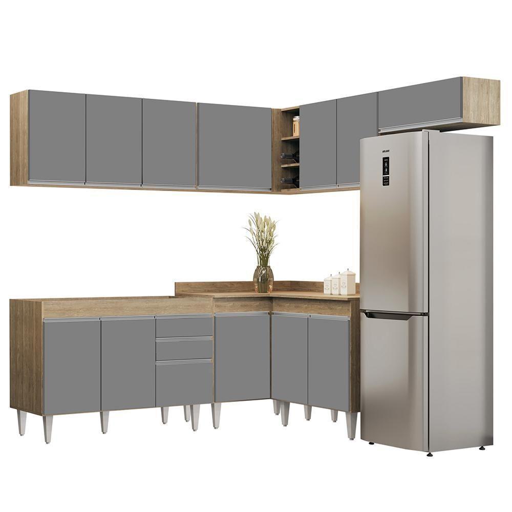 Armário De Cozinha Modulado De Canto 7 Peças Cp19 Balcão Sem Tampo Castanho/cinza - Lumil - 1