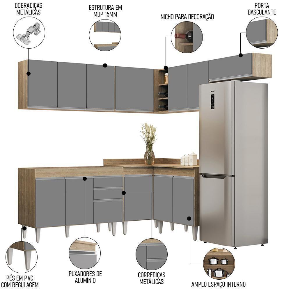 Armário De Cozinha Modulado De Canto 7 Peças Cp19 Balcão Sem Tampo Castanho/cinza - Lumil - 3
