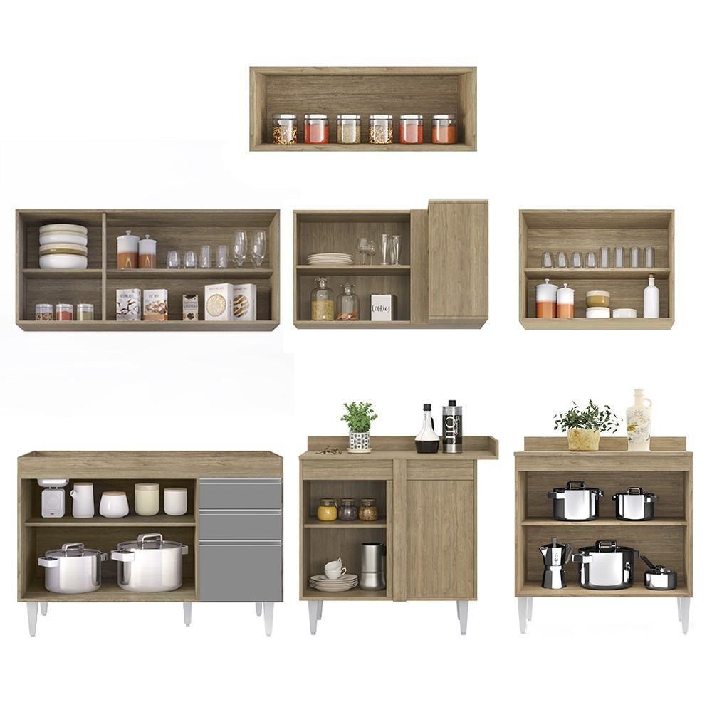 Armário De Cozinha Modulado De Canto 7 Peças Cp19 Balcão Sem Tampo Castanho/cinza - Lumil - 6
