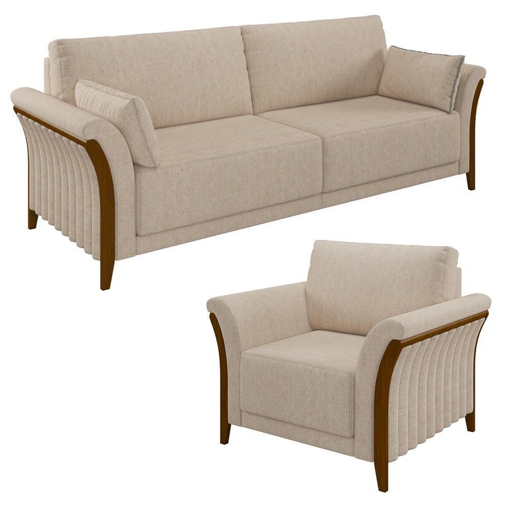Kit Sofá Living 3 Lugares E Poltrona 102cm Pés Madeira Roya M22 Linho Cru - Mpozenato - 1