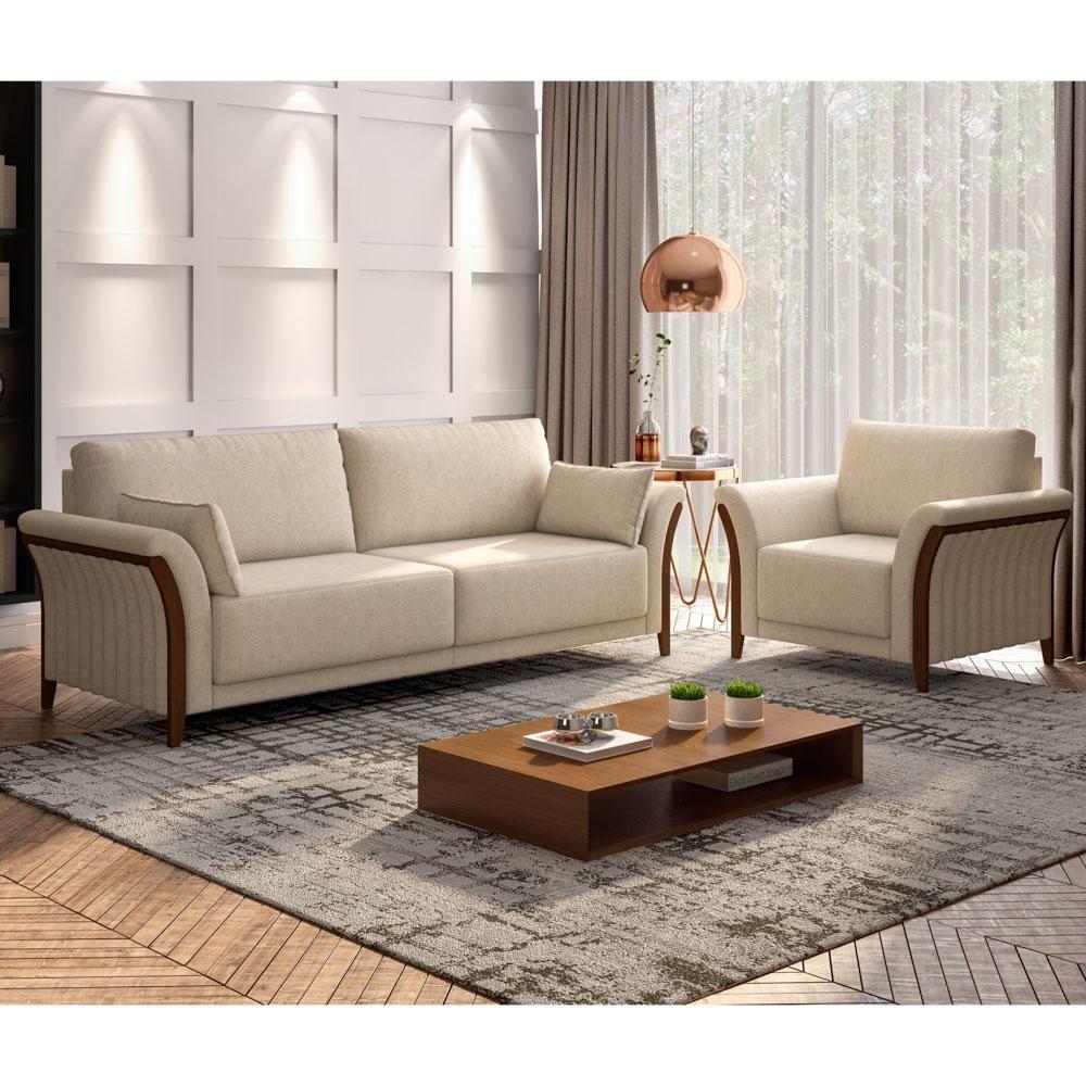 Kit Sofá Living 3 Lugares E Poltrona 102cm Pés Madeira Roya M22 Linho Cru - Mpozenato - 2