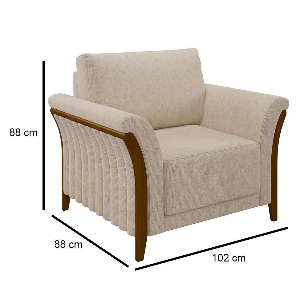 Kit Sofá Living 3 Lugares E Poltrona 102cm Pés Madeira Roya M22 Linho Cru - Mpozenato - 6