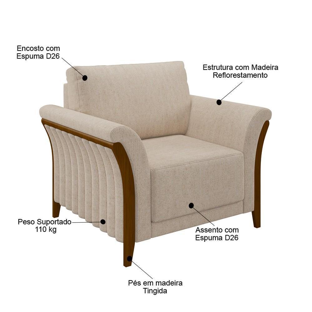 Kit Sofá Living 3 Lugares E Poltrona 102cm Pés Madeira Roya M22 Linho Cru - Mpozenato - 8