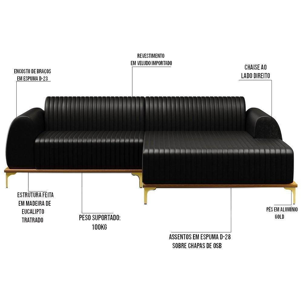 Sofá 245cm 4 Lugares Com Chaise Direito Pés Gold Molino B-159 Corano Preto - Domi - 3