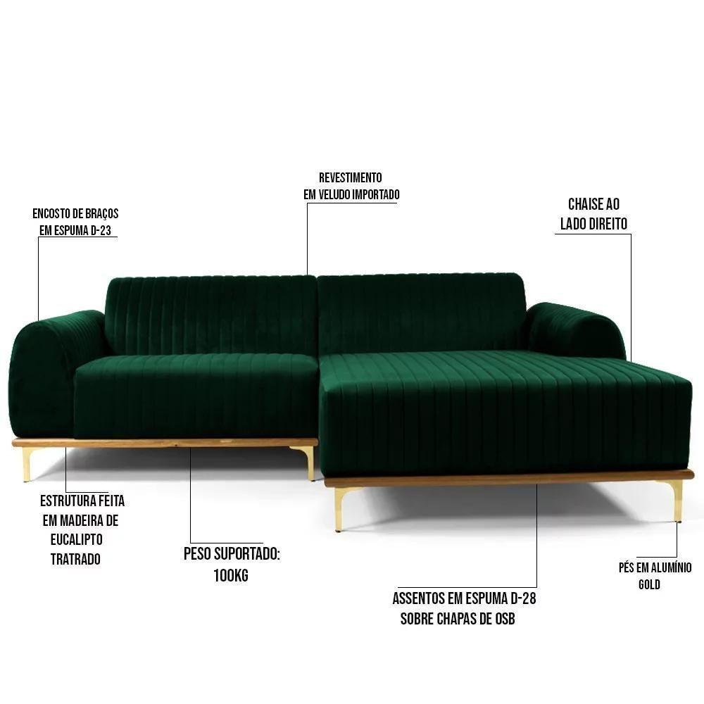 Sofá 255cm 4 Lugares Com Chaise Direito Pés Gold Molino C-303 Veludo Verde Musgo - Domi - 3