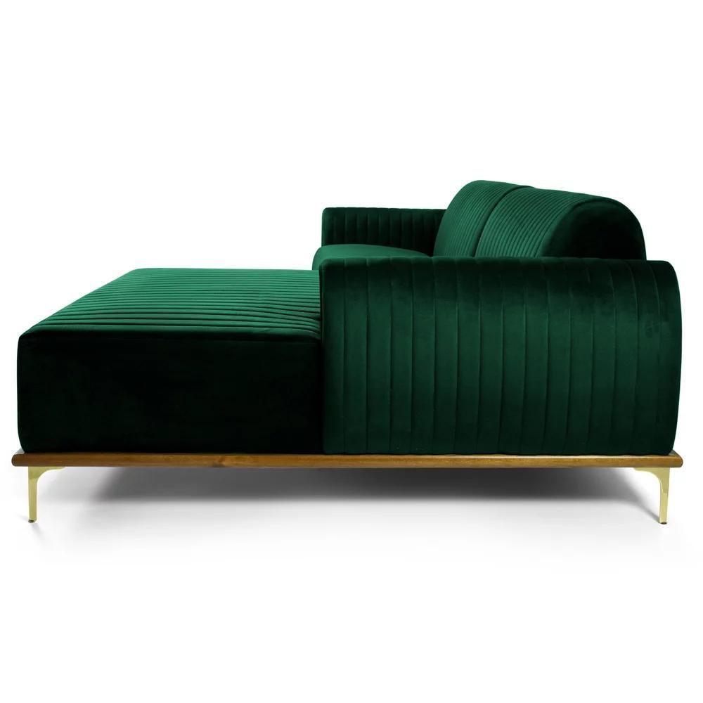 Sofá 255cm 4 Lugares Com Chaise Direito Pés Gold Molino C-303 Veludo Verde Musgo - Domi - 6