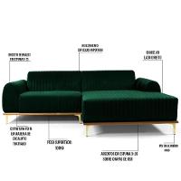 Sofá 255cm 4 Lugares Com Chaise Direito Pés Gold Molino C-303 Veludo Verde Musgo - Domi - 3