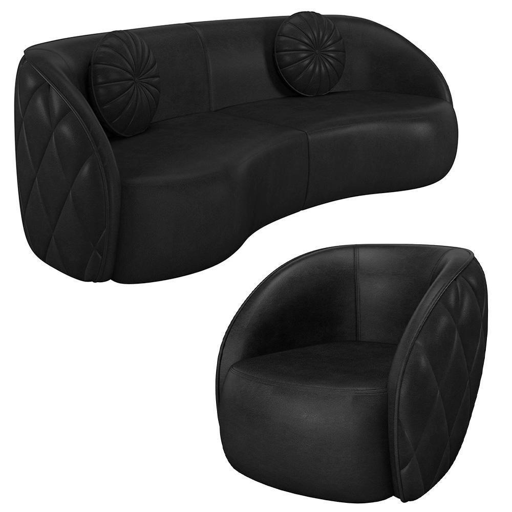 Sofá Decorativo 4 Lugares 318cm Com Almofadas E Poltrona Zion M22 Sintético Preto - Mpozenato - 1