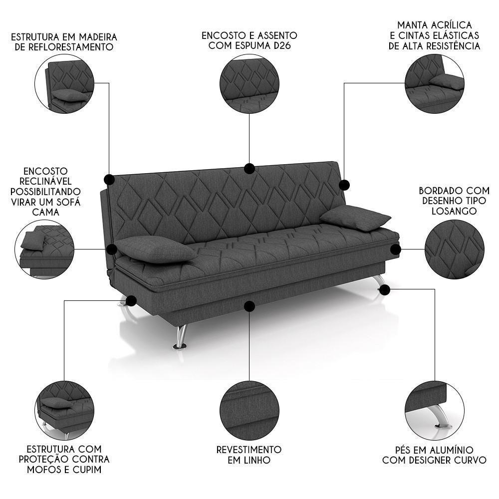 Sofá Cama Para Sala De Estar Quarto 193cm Bela M22 Linho Grafite - Mpozenato - 3