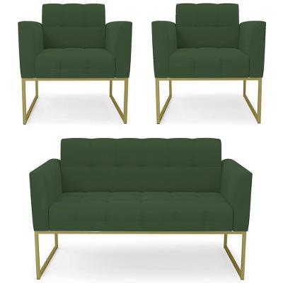 Sofá Namoradeira E 2 Poltronas Base Industrial Dourado Ana Veludo Verde - Ibiza