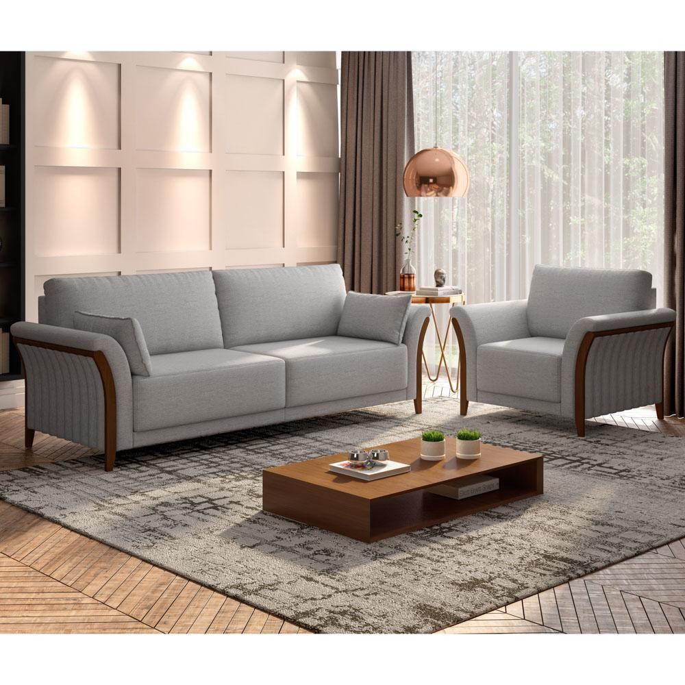 Kit Sofá Living 3 Lugares E Poltrona 102cm Pés Madeira Roya M22 Linho Cinza - Mpozenato - 6