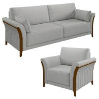 Kit Sofá Living 3 Lugares E Poltrona 102cm Pés Madeira Roya M22 Linho Cinza - Mpozenato - 1