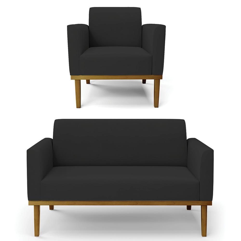 Sofá Namoradeira E 1 Poltrona Base Madeira Castanho Maressa Veludo Preto - Ibiza - 1