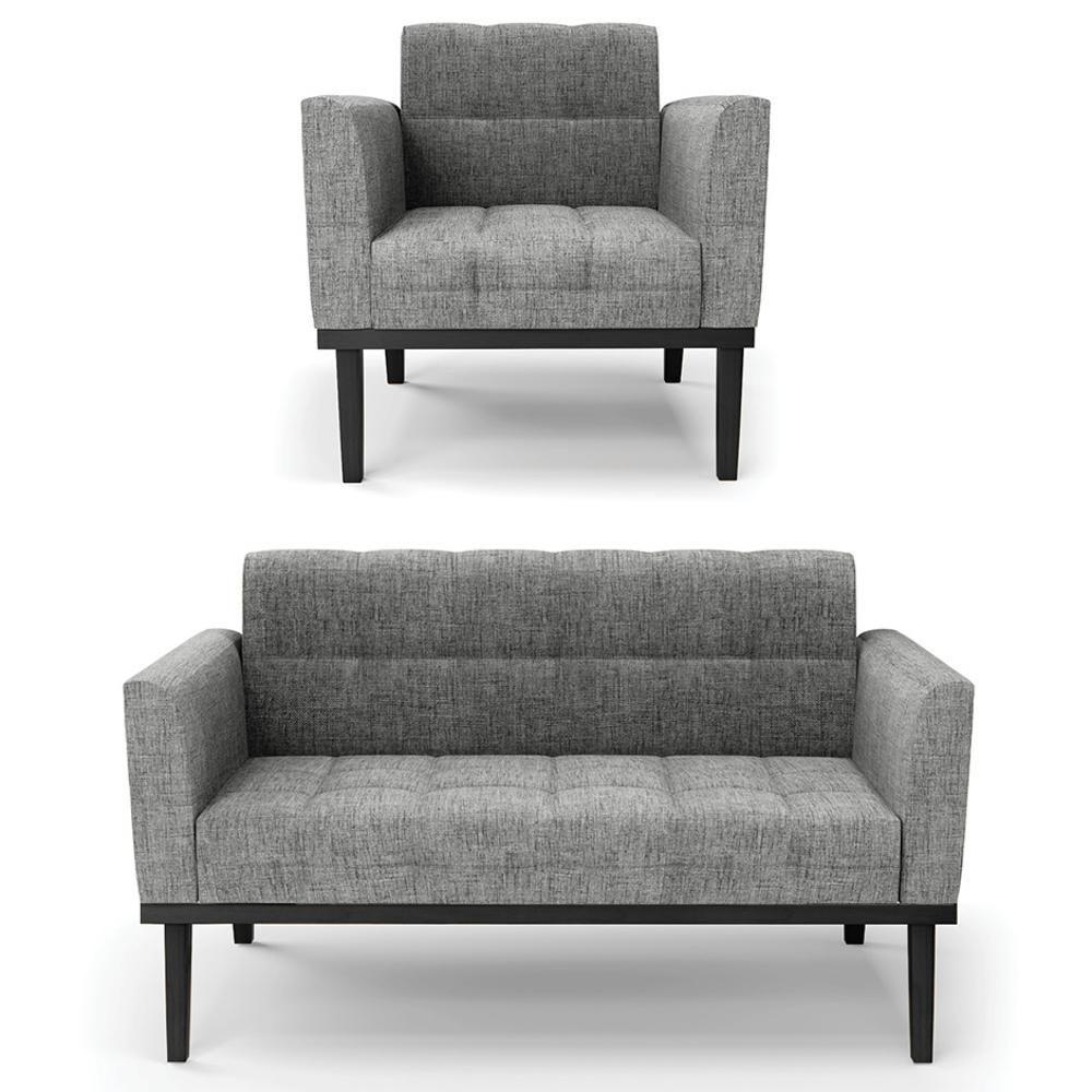 Sofá Namoradeira E 1 Poltrona Base Madeira Preto Ana Linho Grafite - Ibiza - 1