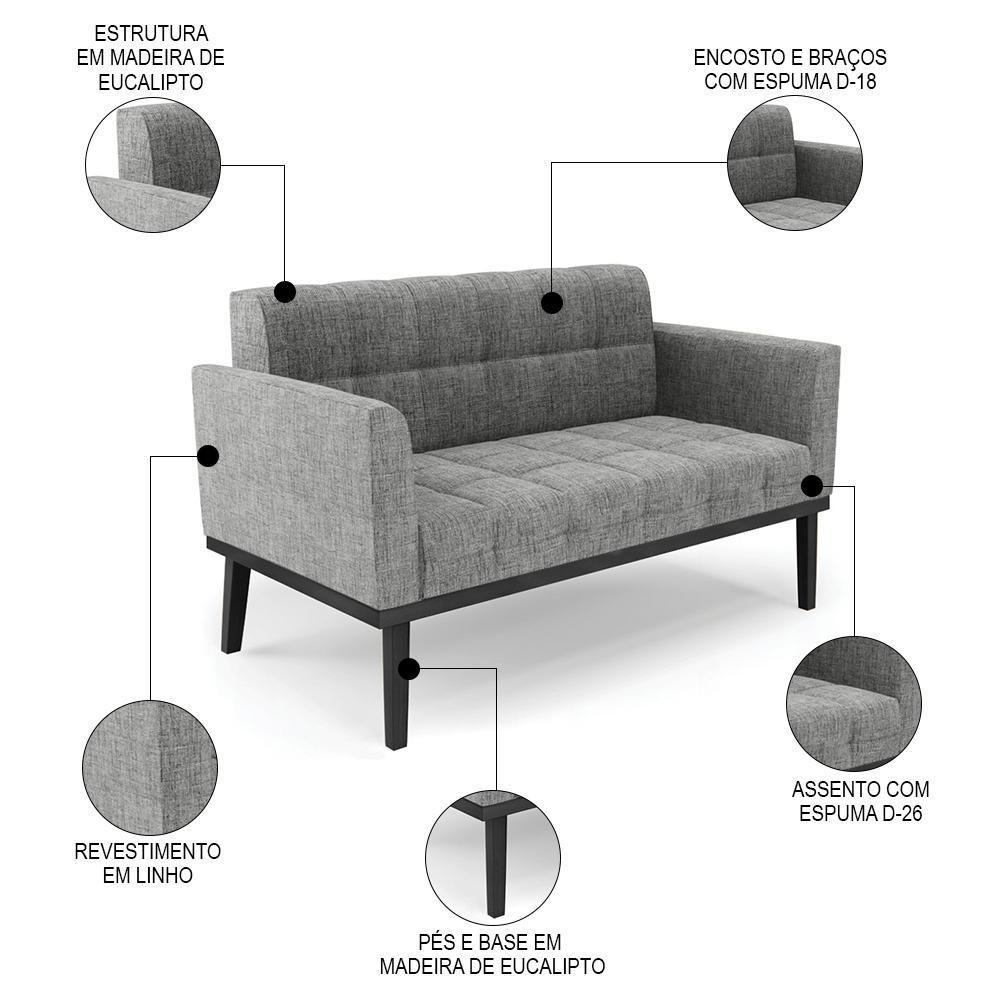 Sofá Namoradeira E 1 Poltrona Base Madeira Preto Ana Linho Grafite - Ibiza - 3