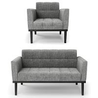 Sofá Namoradeira E 1 Poltrona Base Madeira Preto Ana Linho Grafite - Ibiza - 1