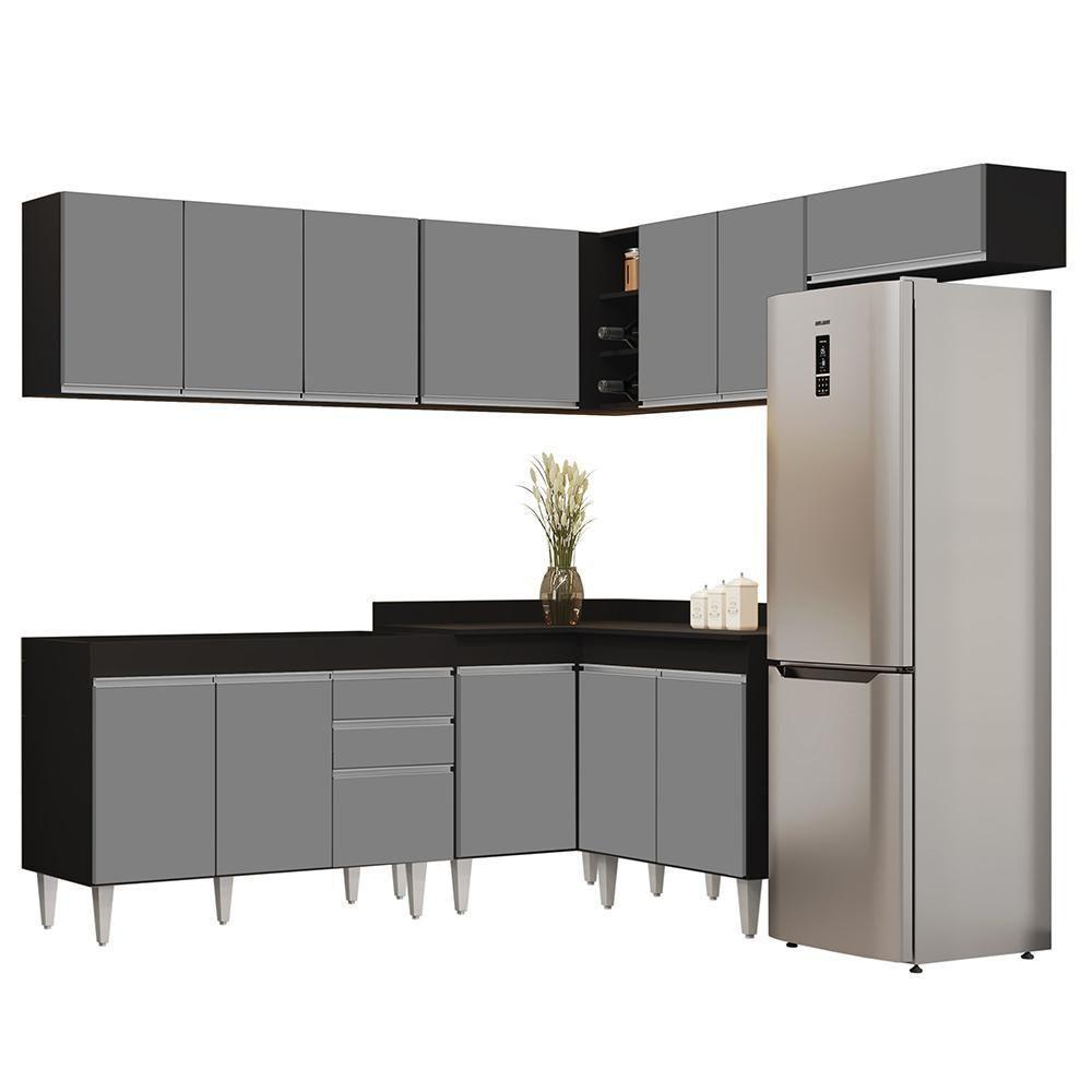Armário De Cozinha Modulado De Canto 7 Peças Cp19 Balcão Sem Tampo Preto/cinza - Lumil - 1
