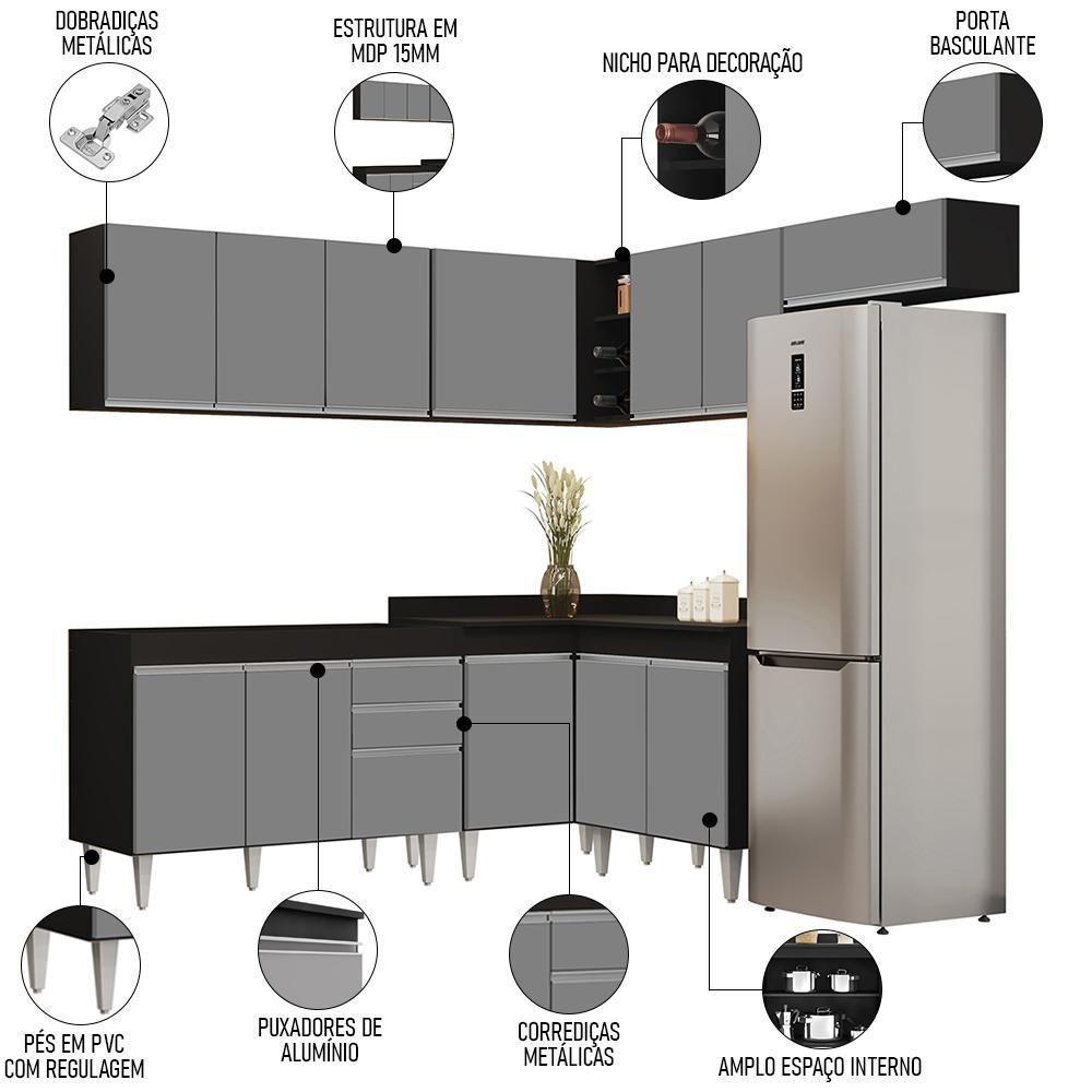 Armário De Cozinha Modulado De Canto 7 Peças Cp19 Balcão Sem Tampo Preto/cinza - Lumil - 3