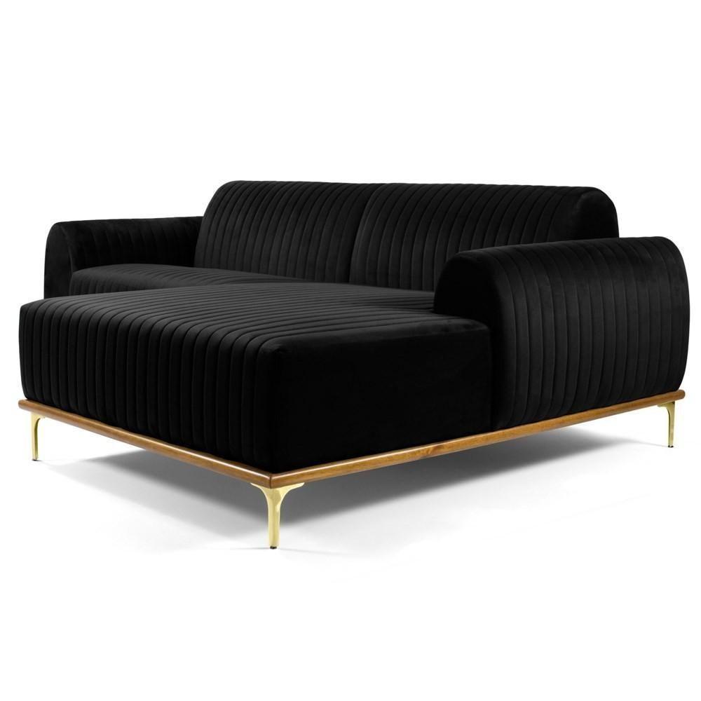 Sofá 245cm 4 Lugares Com Chaise Direito Pés Gold Molino C-300 Veludo Preto - Domi - 1