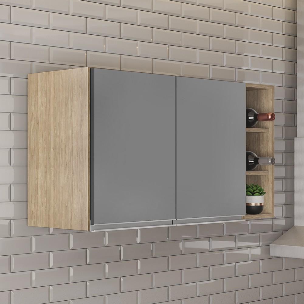Armário De Cozinha Aéreo Califórnia 100cm E Nicho Garrafeiro Castanho/cinza - Lumil - 2