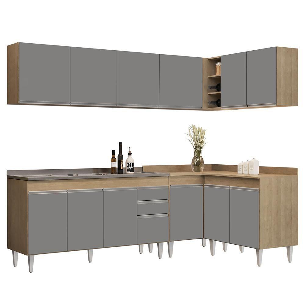 Armário De Cozinha Modulado De Canto 6 Peças Cp33 Com Pia Inox Castanho/cinza - Lumil - 1