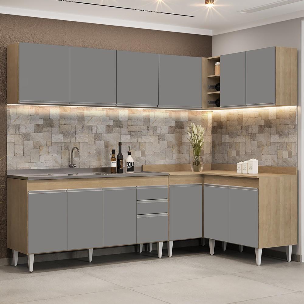 Armário De Cozinha Modulado De Canto 6 Peças Cp33 Com Pia Inox Castanho/cinza - Lumil - 4