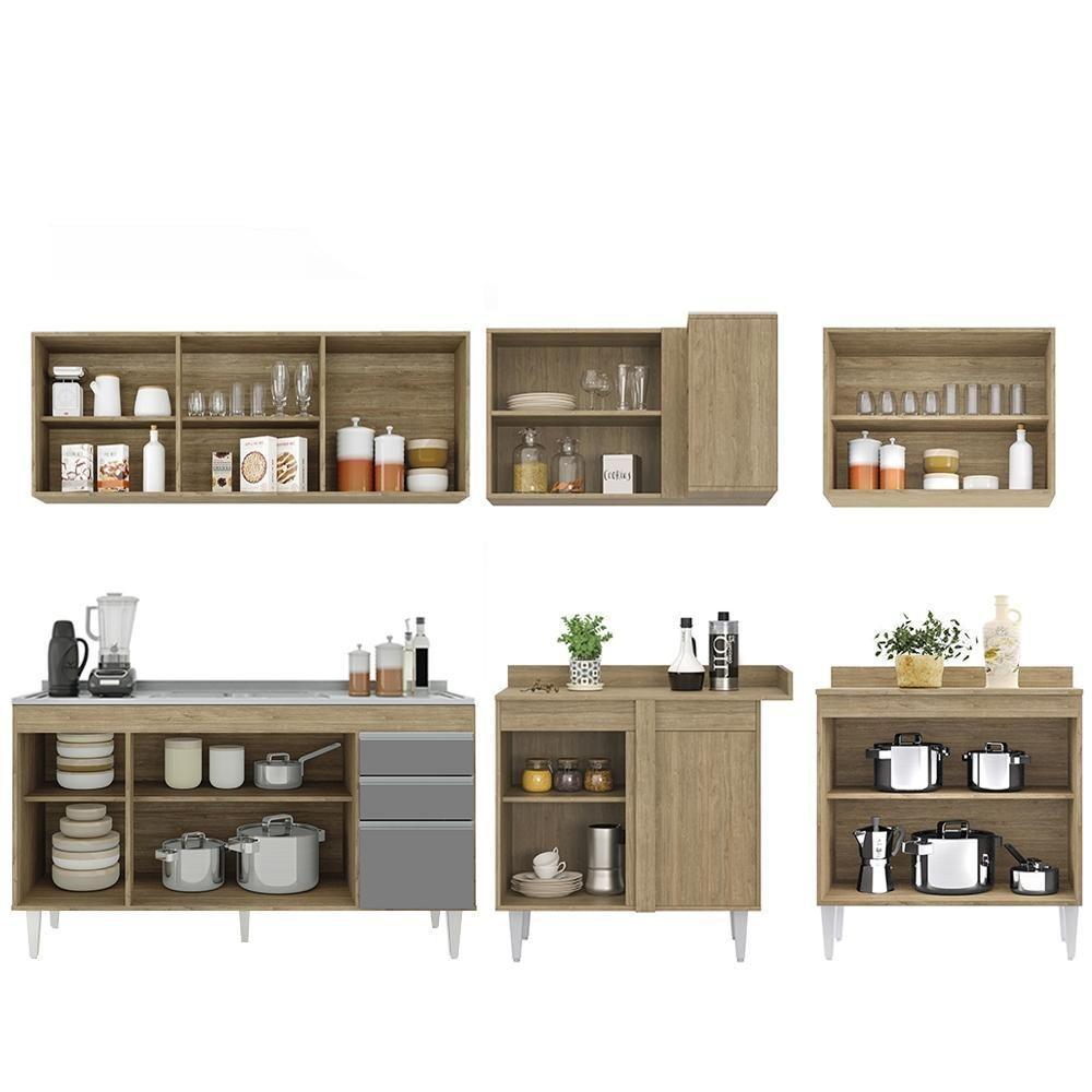 Armário De Cozinha Modulado De Canto 6 Peças Cp33 Com Pia Inox Castanho/cinza - Lumil - 8