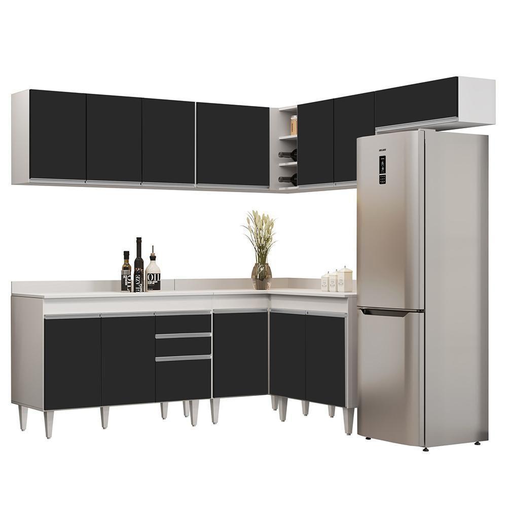 Armário De Cozinha Modulado De Canto 7 Peças Cp20 Balcão Com Tampo Branco/preto - Lumil - 1