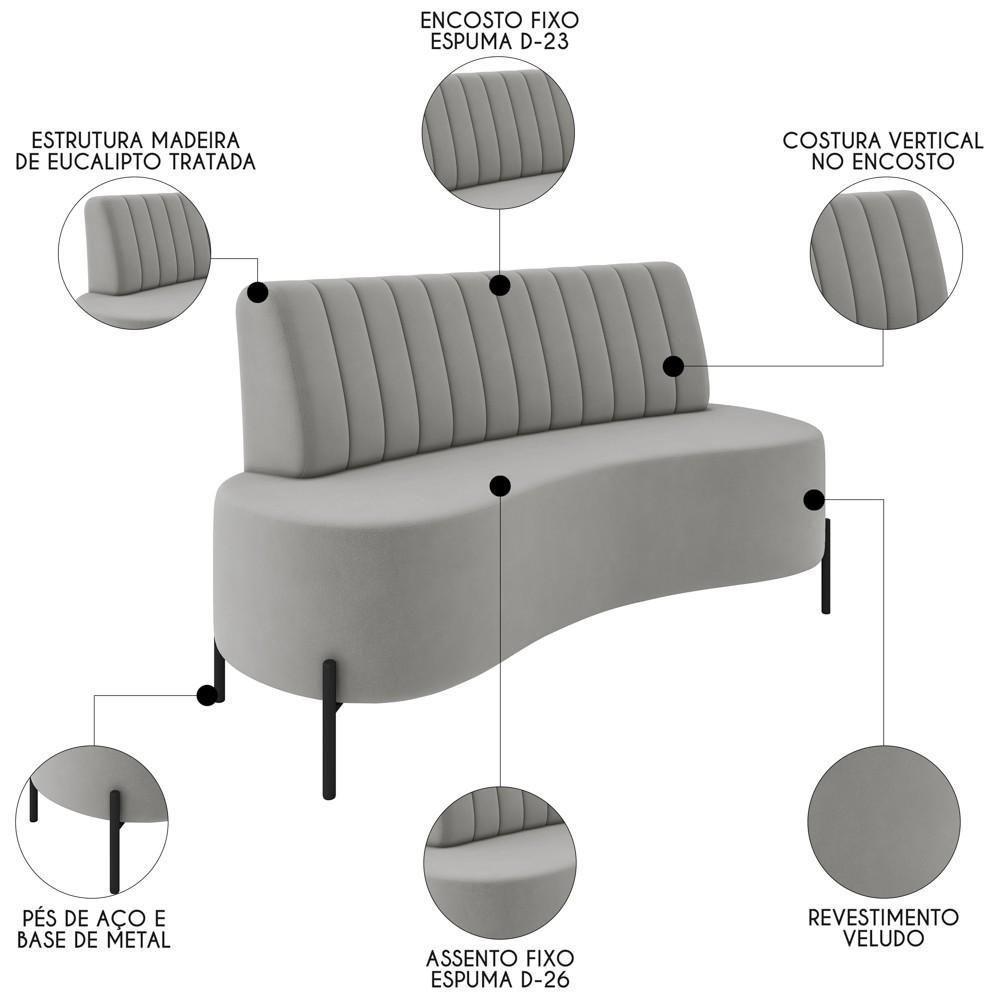 Sofá 2 Lugares 135cm Pés Aço Preto Tamar K04 Veludo Cinza - Mpozenato - 4
