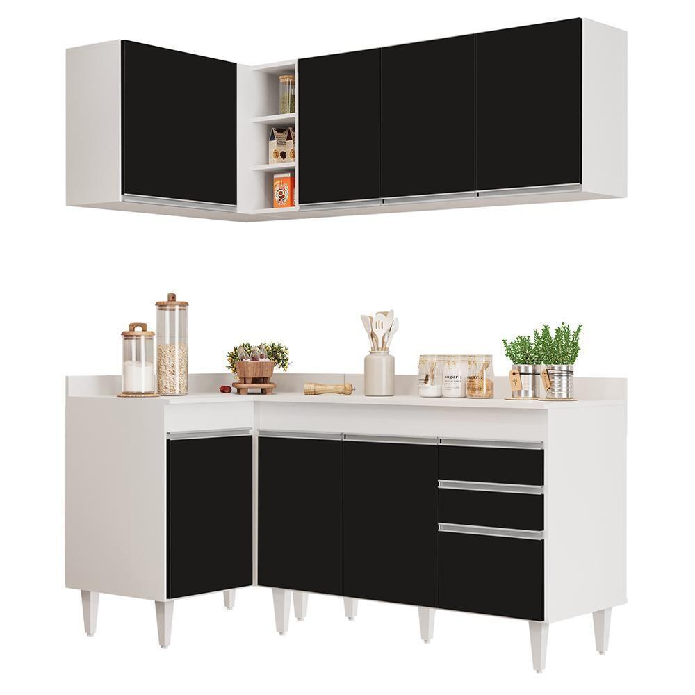 Armário De Cozinha Modulado De Canto Direito 4 Peças Cp38 Balcão Com Tampo Branco/preto - Lumil - 1