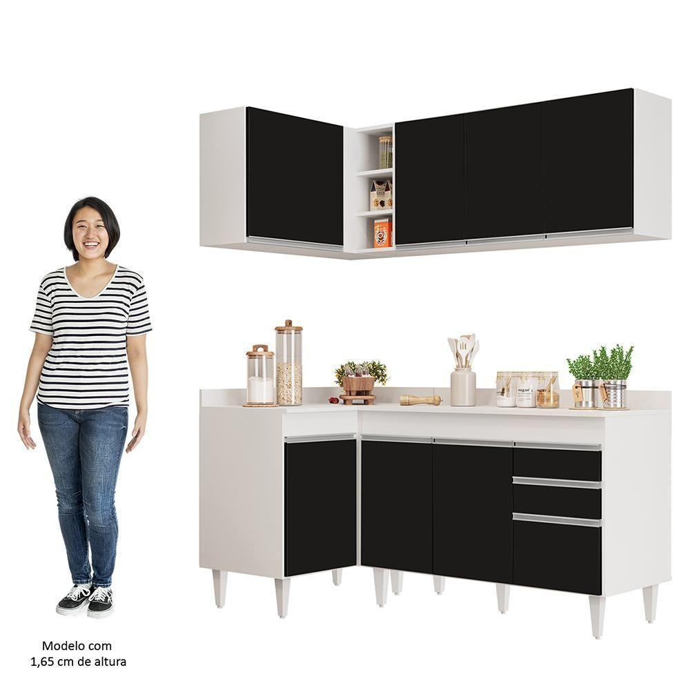 Armário De Cozinha Modulado De Canto Direito 4 Peças Cp38 Balcão Com Tampo Branco/preto - Lumil - 4