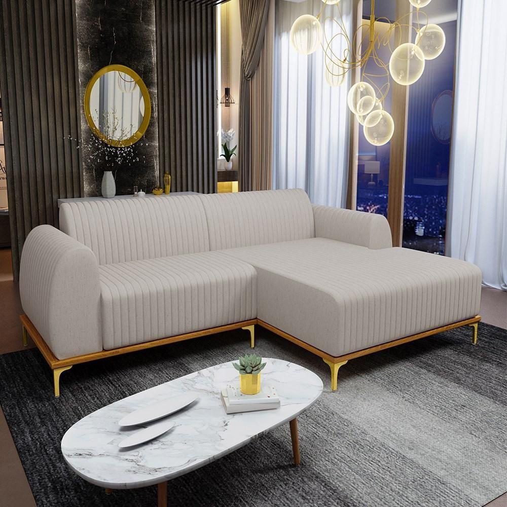 Sofá 255cm 4 Lugares Com Chaise Direito Pés Gold Molino C-107 Linho Bege - Domi - 4