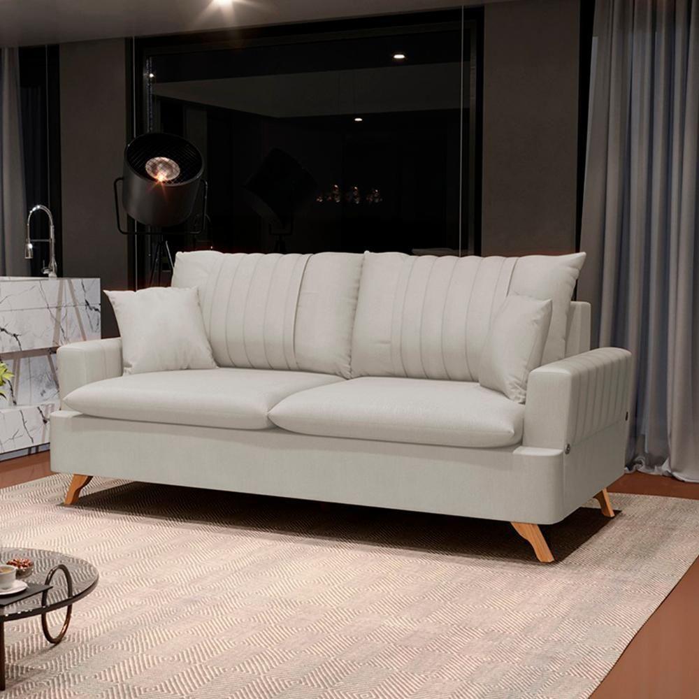 Sofá 180cm 3 Lugares Com Almofadas Pés Curvos Veras Suede D05 Bege Claro - Mpozenato - 2