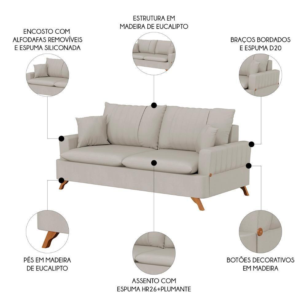 Sofá 180cm 3 Lugares Com Almofadas Pés Curvos Veras Suede D05 Bege Claro - Mpozenato - 3