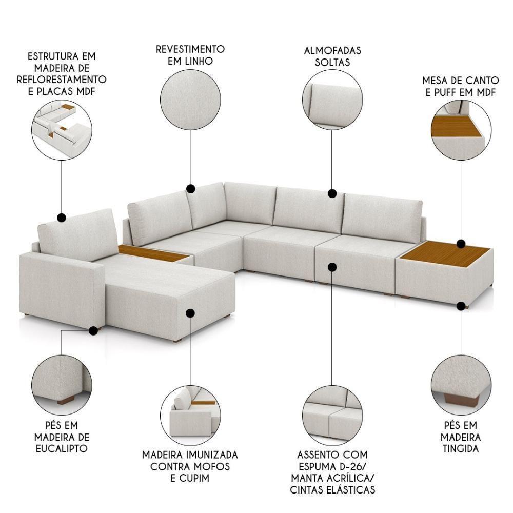Sofá De Canto Chaise 5 Lugares 347cm Bristol M22 Linho Cru - Mpozenato - 3