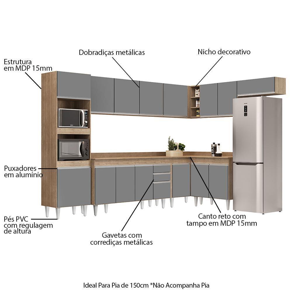 Armário De Cozinha Modulada De Canto 8 Peças Cp08 Balcão Com Tampo Castanho/cinza - Lumil - 3