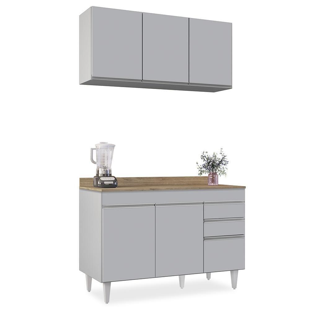 Armário De Cozinha Aéreo Virgínia E Balcão Com Tampo 120cm Michigan Cinza Claro/castanho - Lumil - 1