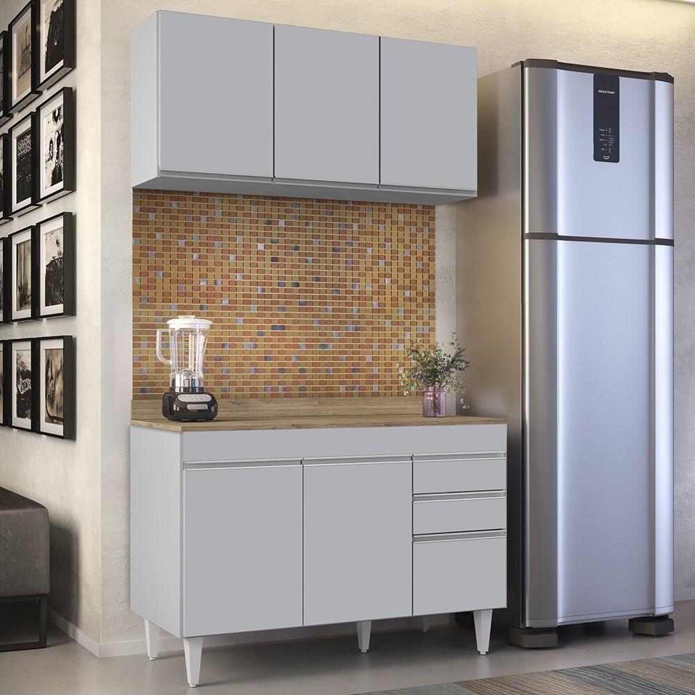 Armário De Cozinha Aéreo Virgínia E Balcão Com Tampo 120cm Michigan Cinza Claro/castanho - Lumil - 2