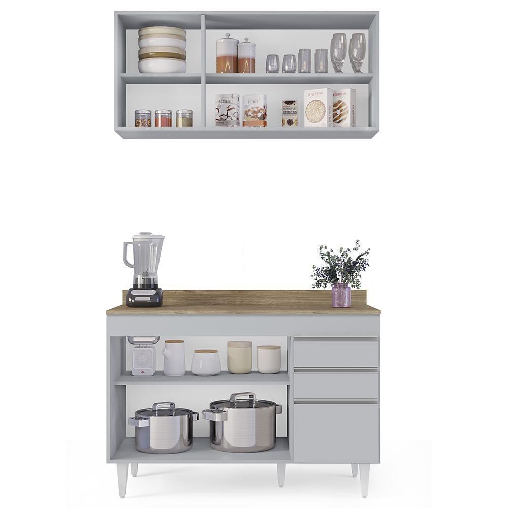 Armário De Cozinha Aéreo Virgínia E Balcão Com Tampo 120cm Michigan Cinza Claro/castanho - Lumil - 7