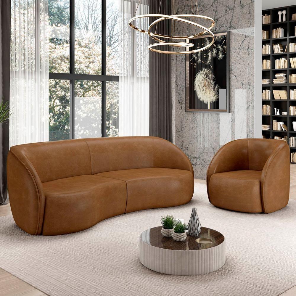 Sofá 3 Lugares Orgânico 288cm E Poltrona Zion M22 Sintético Caramelo - Mpozenato - 2