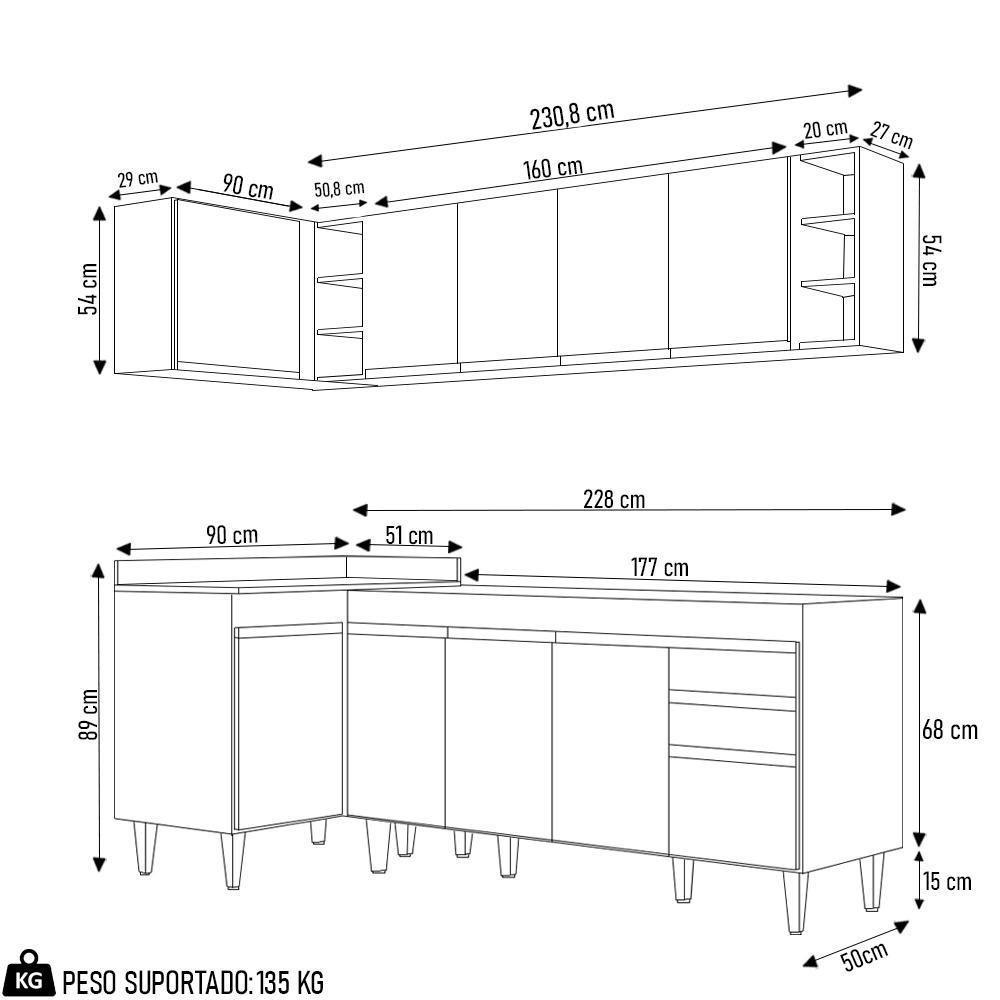 Armário De Cozinha Modulado De Canto Direito 5 Peças Cp43 Balcão Sem Tampo Branco/preto - Lumil - 4