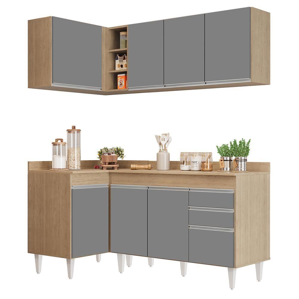 Armário De Cozinha Modulado De Canto Direito 4 Peças Cp38 Balcão Com Tampo Castanho/cinza - Lumil - 1