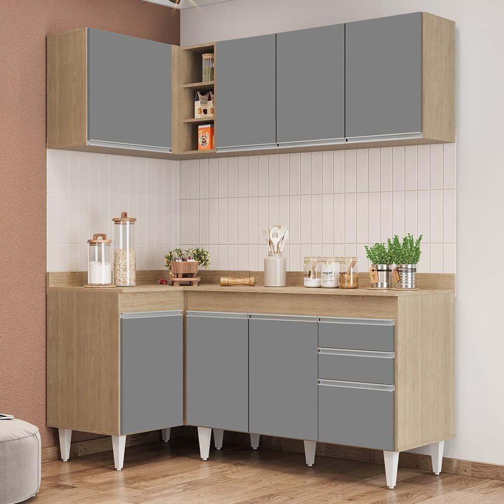 Armário De Cozinha Modulado De Canto Direito 4 Peças Cp38 Balcão Com Tampo Castanho/cinza - Lumil - 2