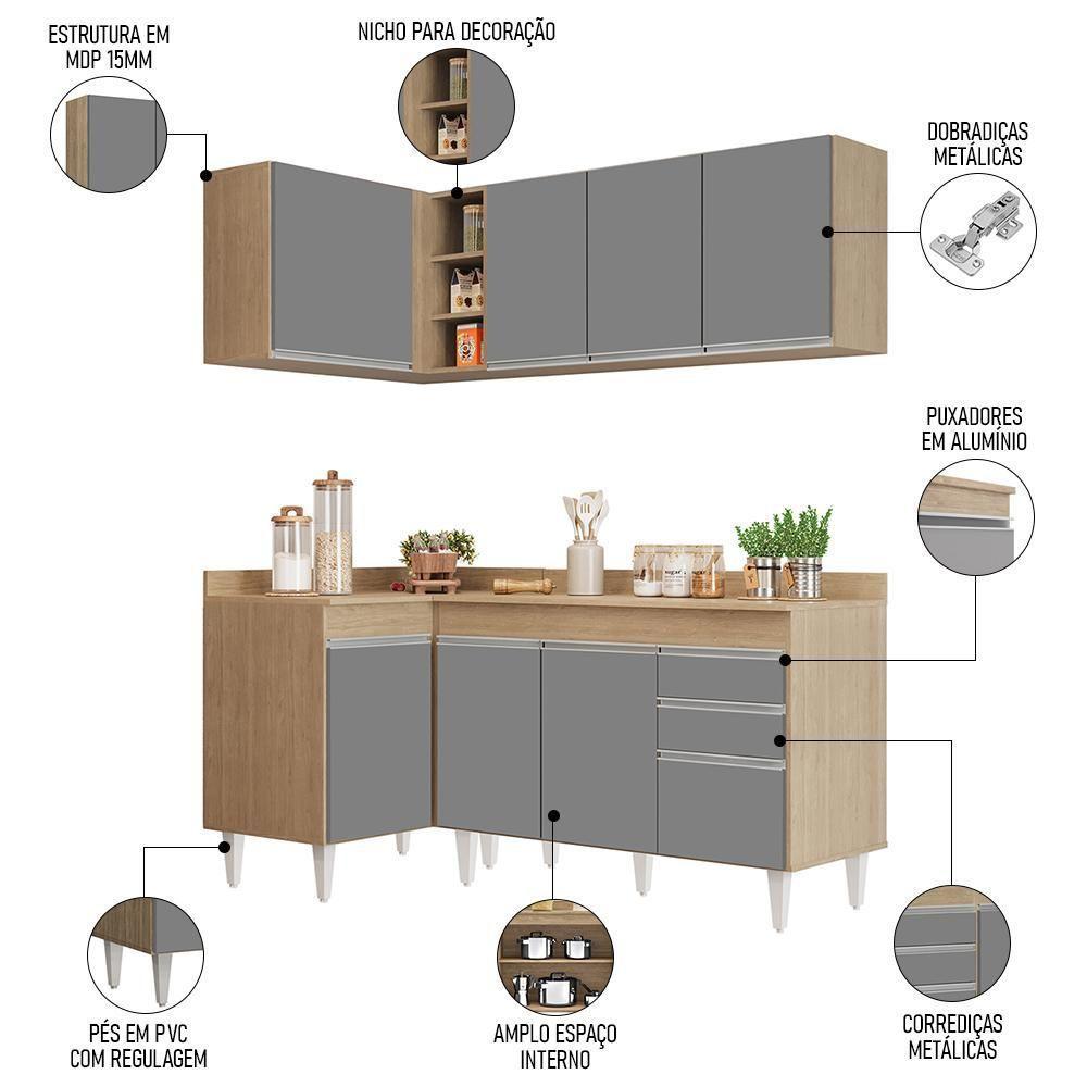 Armário De Cozinha Modulado De Canto Direito 4 Peças Cp38 Balcão Com Tampo Castanho/cinza - Lumil - 3