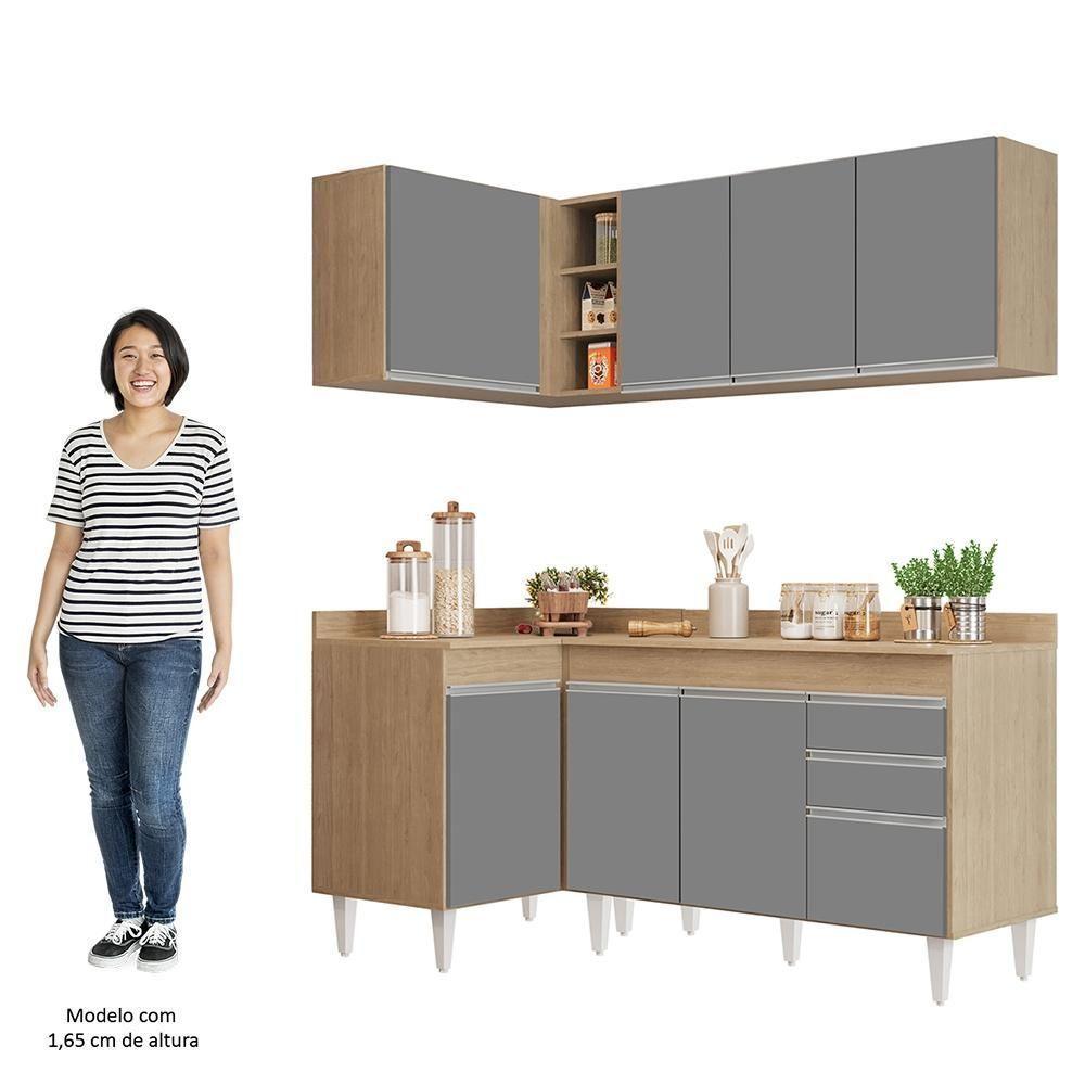 Armário De Cozinha Modulado De Canto Direito 4 Peças Cp38 Balcão Com Tampo Castanho/cinza - Lumil - 5