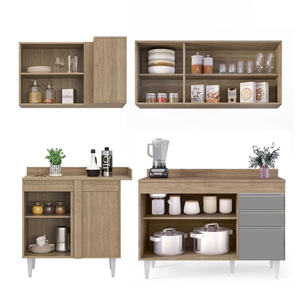 Armário De Cozinha Modulado De Canto Direito 4 Peças Cp38 Balcão Com Tampo Castanho/cinza - Lumil - 6